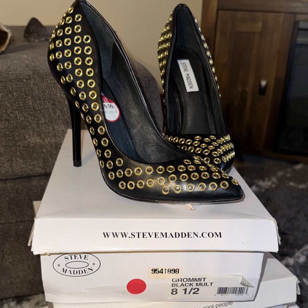 Steve Madden Black Heels with Gold Studs